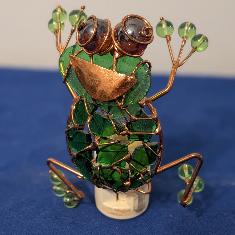 Vintage Copper Wire and Green Glass Frog Night Light